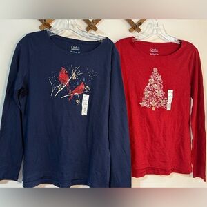2)Croft & Barrow Christmas Shirts Women Graphic Long Sleeve cardinals &Xmas tree